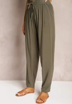 Ciemnozielone Wiskozowe Spodnie z Gumką w Talii i Zwężanymi Nogawkami Sumipaku