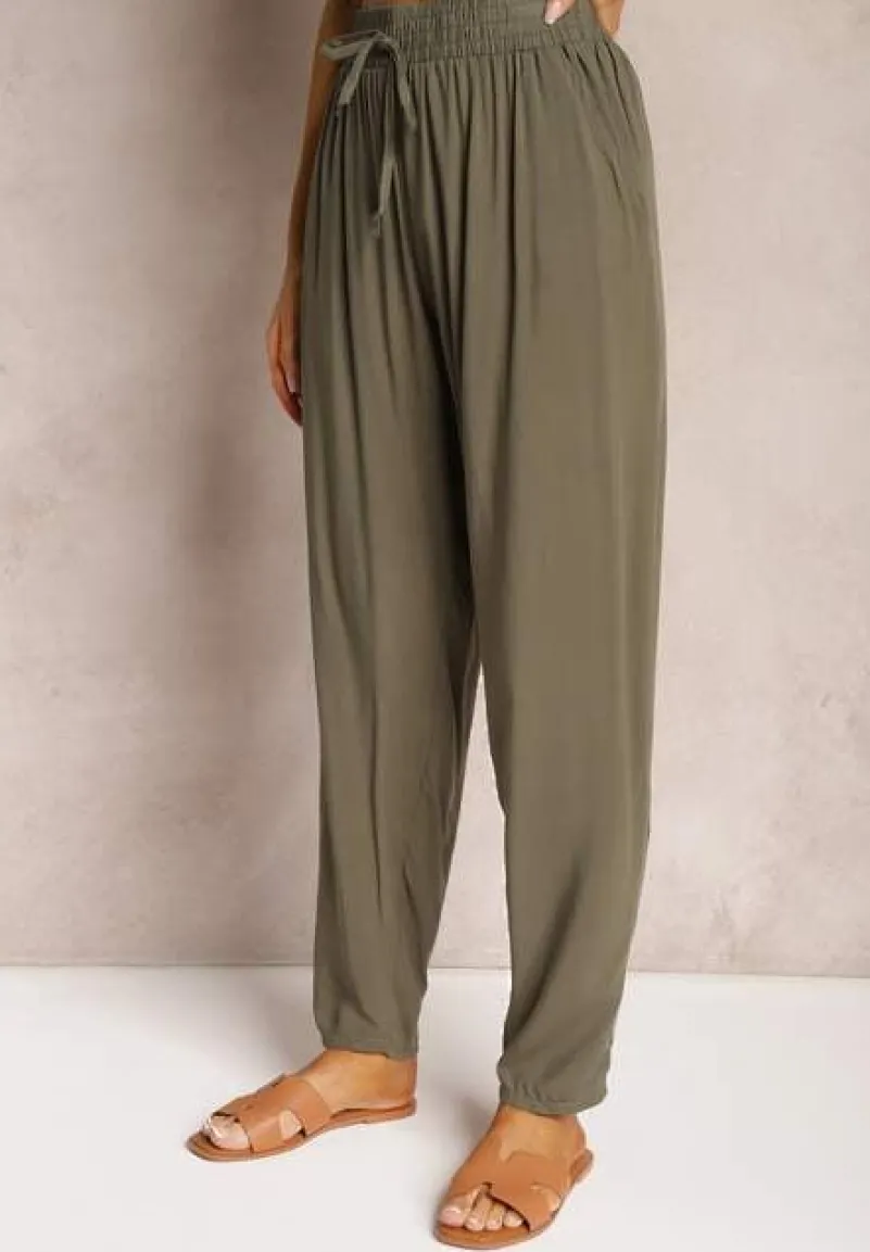 Ciemnozielone Wiskozowe Spodnie z Gumką w Talii i Zwężanymi Nogawkami Sumipaku