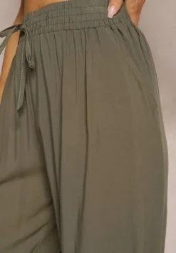 Ciemnozielone Wiskozowe Spodnie z Gumką w Talii i Zwężanymi Nogawkami Sumipaku
