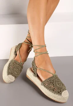 Ciemnozielone Wiązane Espadryle Ażurowe na Plecionej Podeszwie Talea
