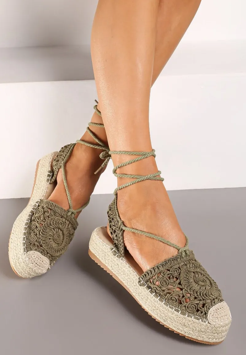 Ciemnozielone Wiązane Espadryle Ażurowe na Plecionej Podeszwie Talea