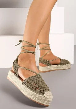 Ciemnozielone Wiązane Espadryle Ażurowe na Plecionej Podeszwie Talea