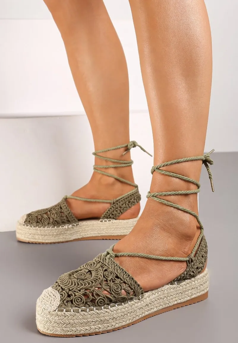 Ciemnozielone Wiązane Espadryle Ażurowe na Plecionej Podeszwie Talea