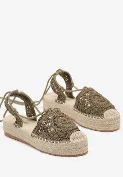 Ciemnozielone Wiązane Espadryle Ażurowe na Plecionej Podeszwie Talea