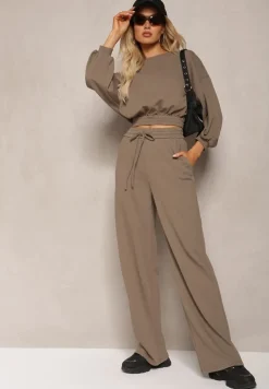 Ciemnozielony Bawełniany Komplet Bluza Krótka ze Ściągaczem i Szerokie Spodnie ze Sznurkiem w Pasie Rionnea