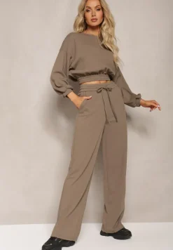 Ciemnozielony Bawełniany Komplet Bluza Krótka ze Ściągaczem i Szerokie Spodnie ze Sznurkiem w Pasie Rionnea