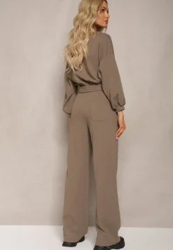 Ciemnozielony Bawełniany Komplet Bluza Krótka ze Ściągaczem i Szerokie Spodnie ze Sznurkiem w Pasie Rionnea