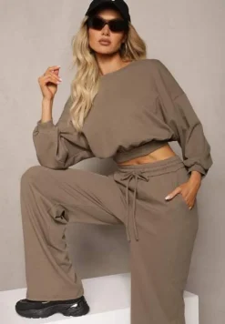 Ciemnozielony Bawełniany Komplet Bluza Krótka ze Ściągaczem i Szerokie Spodnie ze Sznurkiem w Pasie Rionnea