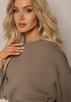 Ciemnozielony Bawełniany Komplet Bluza Krótka ze Ściągaczem i Szerokie Spodnie ze Sznurkiem w Pasie Rionnea