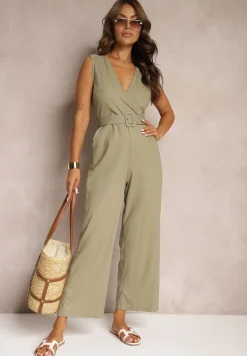 Ciemnozielony Bawełniany Kombinezon z Kopertowym Dekoltem Paskiem z Klamrą i Gumką w Talii Risalen