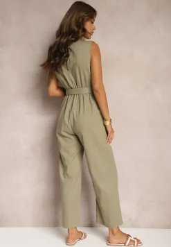 Ciemnozielony Bawełniany Kombinezon z Kopertowym Dekoltem Paskiem z Klamrą i Gumką w Talii Risalen