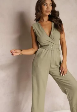 Ciemnozielony Bawełniany Kombinezon z Kopertowym Dekoltem Paskiem z Klamrą i Gumką w Talii Risalen