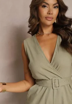 Ciemnozielony Bawełniany Kombinezon z Kopertowym Dekoltem Paskiem z Klamrą i Gumką w Talii Risalen