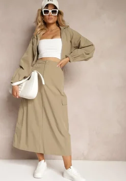 Ciemnozielony Casualowy Komplet 2-Częściowy Rozpinana Bluza i Spódnica z Kieszeniami na Klapy Lennira