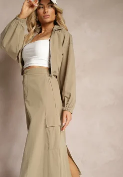 Ciemnozielony Casualowy Komplet 2-Częściowy Rozpinana Bluza i Spódnica z Kieszeniami na Klapy Lennira