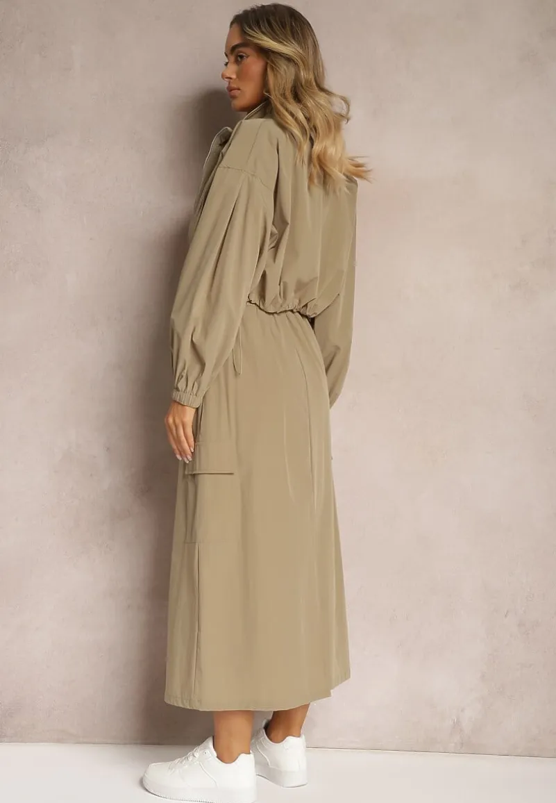 Ciemnozielony Casualowy Komplet 2-Częściowy Rozpinana Bluza i Spódnica z Kieszeniami na Klapy Lennira