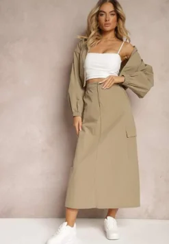 Ciemnozielony Casualowy Komplet 2-Częściowy Rozpinana Bluza i Spódnica z Kieszeniami na Klapy Lennira