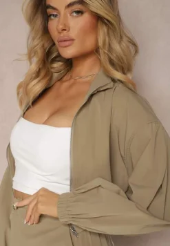 Ciemnozielony Casualowy Komplet 2-Częściowy Rozpinana Bluza i Spódnica z Kieszeniami na Klapy Lennira