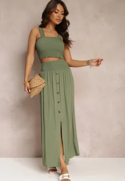 Ciemnozielony 2-częściowy Bawełniany Komplet z Długą Spódnicą i Elastycznym Topem Diomastis