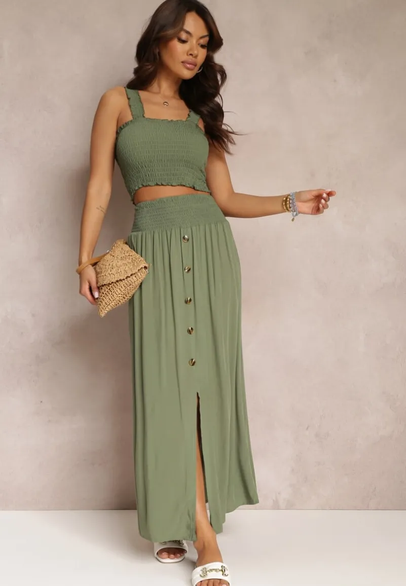 Ciemnozielony 2-częściowy Bawełniany Komplet z Długą Spódnicą i Elastycznym Topem Diomastis