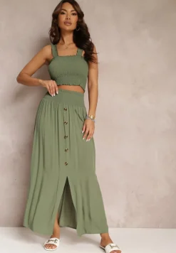 Ciemnozielony 2-częściowy Bawełniany Komplet z Długą Spódnicą i Elastycznym Topem Diomastis
