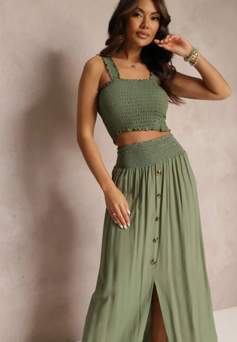 Ciemnozielony 2-częściowy Bawełniany Komplet z Długą Spódnicą i Elastycznym Topem Diomastis