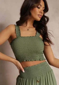 Ciemnozielony 2-częściowy Bawełniany Komplet z Długą Spódnicą i Elastycznym Topem Diomastis