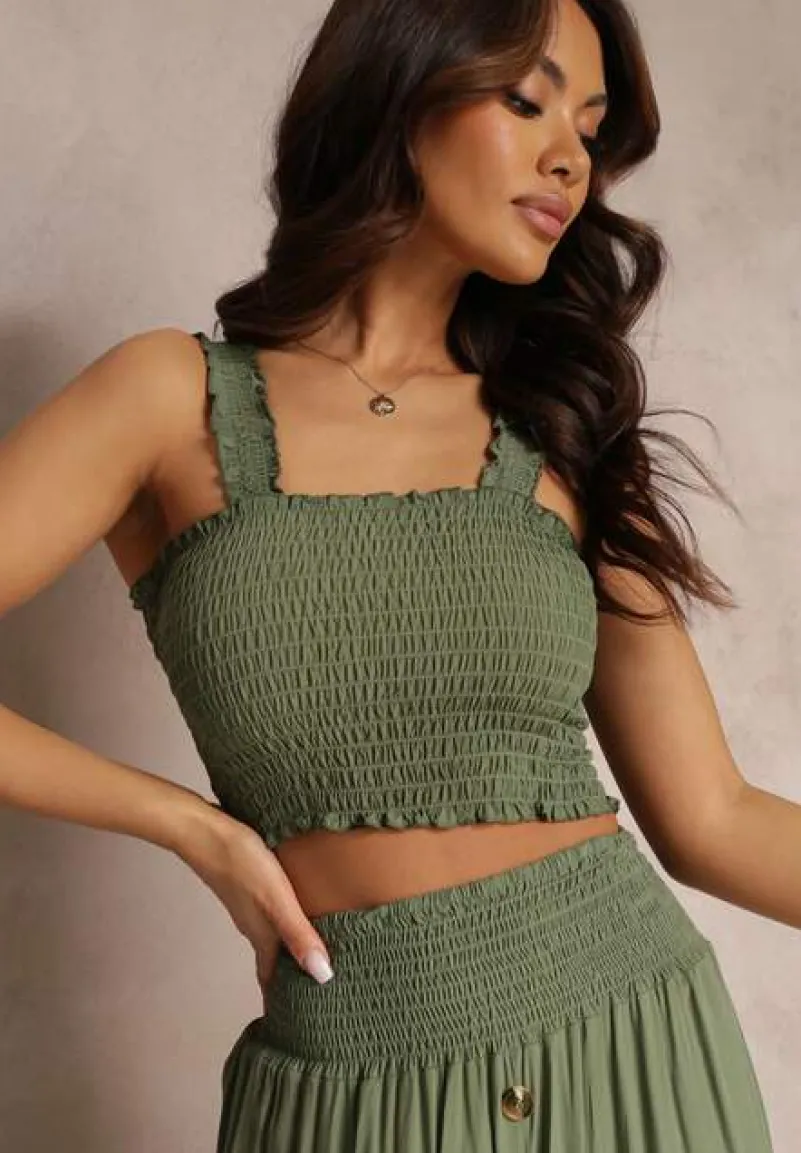 Ciemnozielony 2-częściowy Bawełniany Komplet z Długą Spódnicą i Elastycznym Topem Diomastis