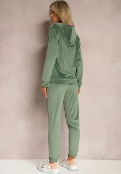 Ciemnozielony Dresowy Komplet z Weluru Klasyczne Spodnie i Bluza Ozdobiona Napisem z Brokatem Nerissali