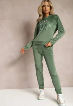 Ciemnozielony Dresowy Komplet z Weluru Klasyczne Spodnie i Bluza Ozdobiona Napisem z Brokatem Nerissali