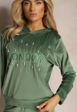 Ciemnozielony Dresowy Komplet z Weluru Klasyczne Spodnie i Bluza Ozdobiona Napisem z Brokatem Nerissali