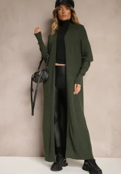 Ciemnozielony Długi Kardigan z Kieszeniami Belma