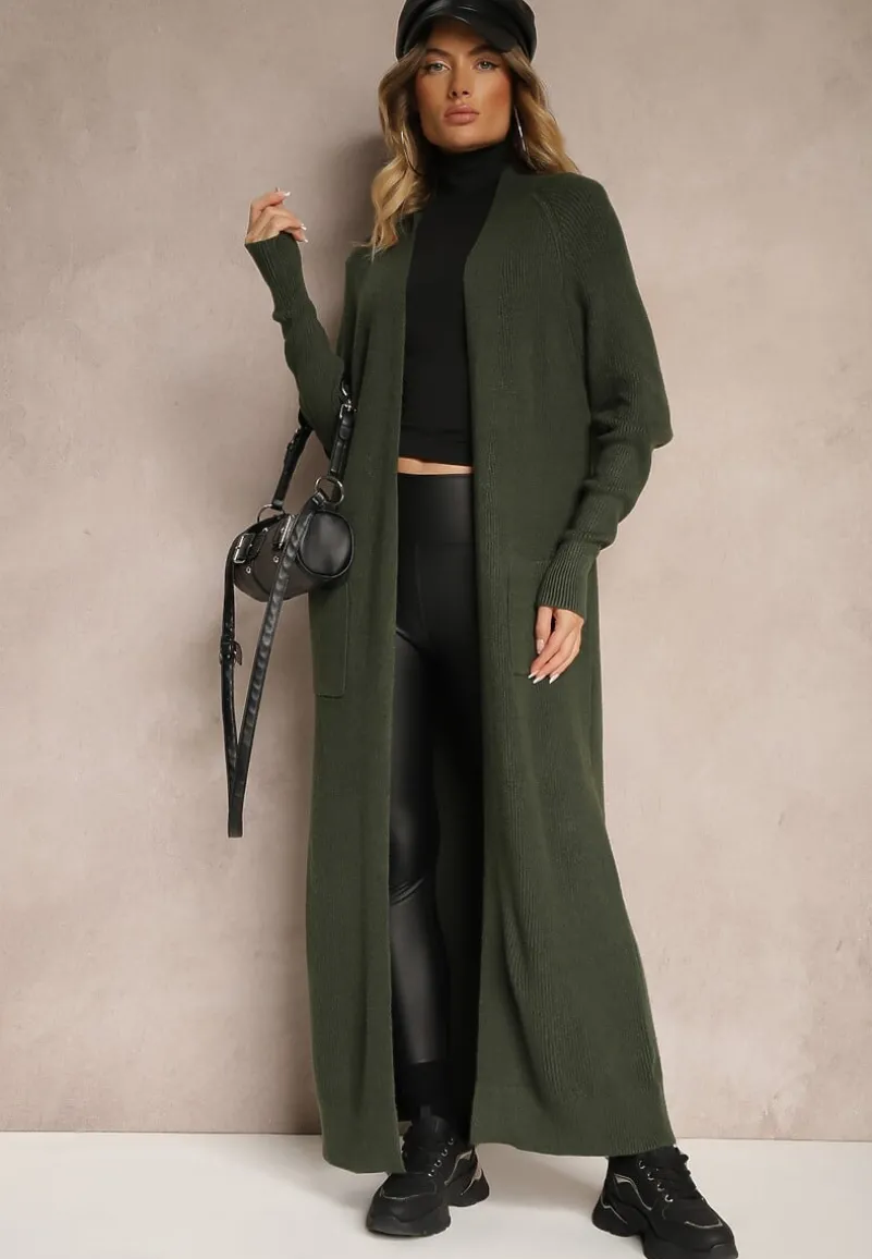 Ciemnozielony Długi Kardigan z Kieszeniami Belma