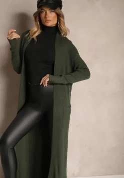 Ciemnozielony Długi Kardigan z Kieszeniami Belma