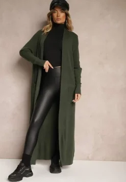 Ciemnozielony Długi Kardigan z Kieszeniami Belma