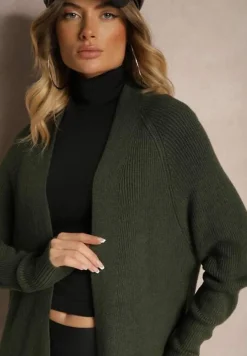 Ciemnozielony Długi Kardigan z Kieszeniami Belma