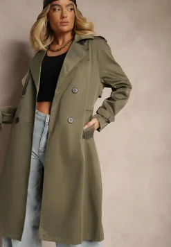 Ciemnozielony Długi Płaszcz Trencz Dwurzędowy z Paskiem w Komplecie Sabila