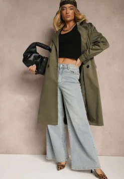 Ciemnozielony Długi Płaszcz Trencz Dwurzędowy z Paskiem w Komplecie Sabila