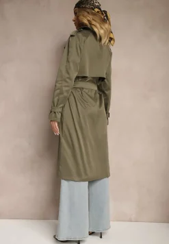 Ciemnozielony Długi Płaszcz Trencz Dwurzędowy z Paskiem w Komplecie Sabila