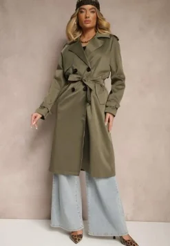 Ciemnozielony Długi Płaszcz Trencz Dwurzędowy z Paskiem w Komplecie Sabila