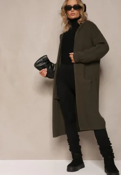 Ciemnozielony Jednolity Kardigan z Długim Rękawem Niezapinany z Kapturem Colise