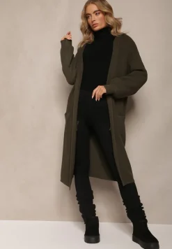 Ciemnozielony Jednolity Kardigan z Długim Rękawem Niezapinany z Kapturem Colise