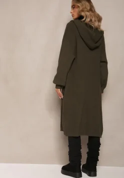 Ciemnozielony Jednolity Kardigan z Długim Rękawem Niezapinany z Kapturem Colise