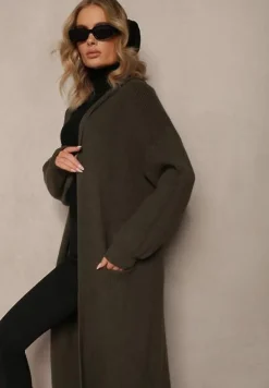 Ciemnozielony Jednolity Kardigan z Długim Rękawem Niezapinany z Kapturem Colise