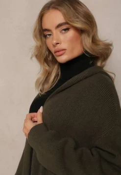 Ciemnozielony Jednolity Kardigan z Długim Rękawem Niezapinany z Kapturem Colise