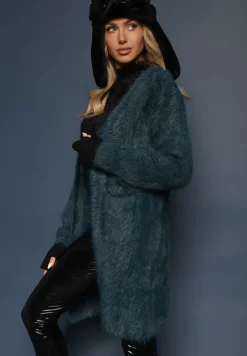 Ciemnozielony Kardigan Niezapinany z Wełną i Wsuwanymi Kieszeniami Rianessa