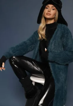 Ciemnozielony Kardigan Niezapinany z Wełną i Wsuwanymi Kieszeniami Rianessa