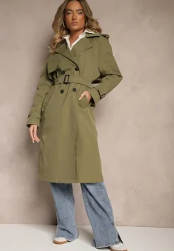 Ciemnozielony Klasyczny Płaszcz Trencz z Wiskozą o Dwurzędowym Kroju z Paskiem Mokaia