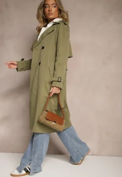 Ciemnozielony Klasyczny Płaszcz Trencz z Wiskozą o Dwurzędowym Kroju z Paskiem Mokaia