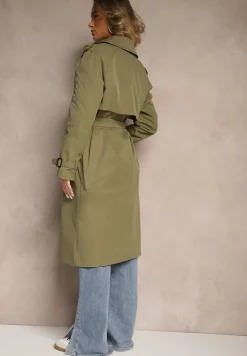 Ciemnozielony Klasyczny Płaszcz Trencz z Wiskozą o Dwurzędowym Kroju z Paskiem Mokaia